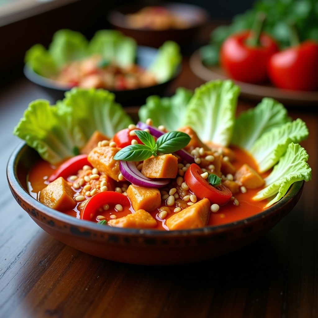 Bol tailandés con curry rojo cremoso, trozos de pollo, pimiento rojo y cebolla morada, acompañado de cuartos de lechuga romana crujiente, cacahuetes tostados y albahaca fresca.