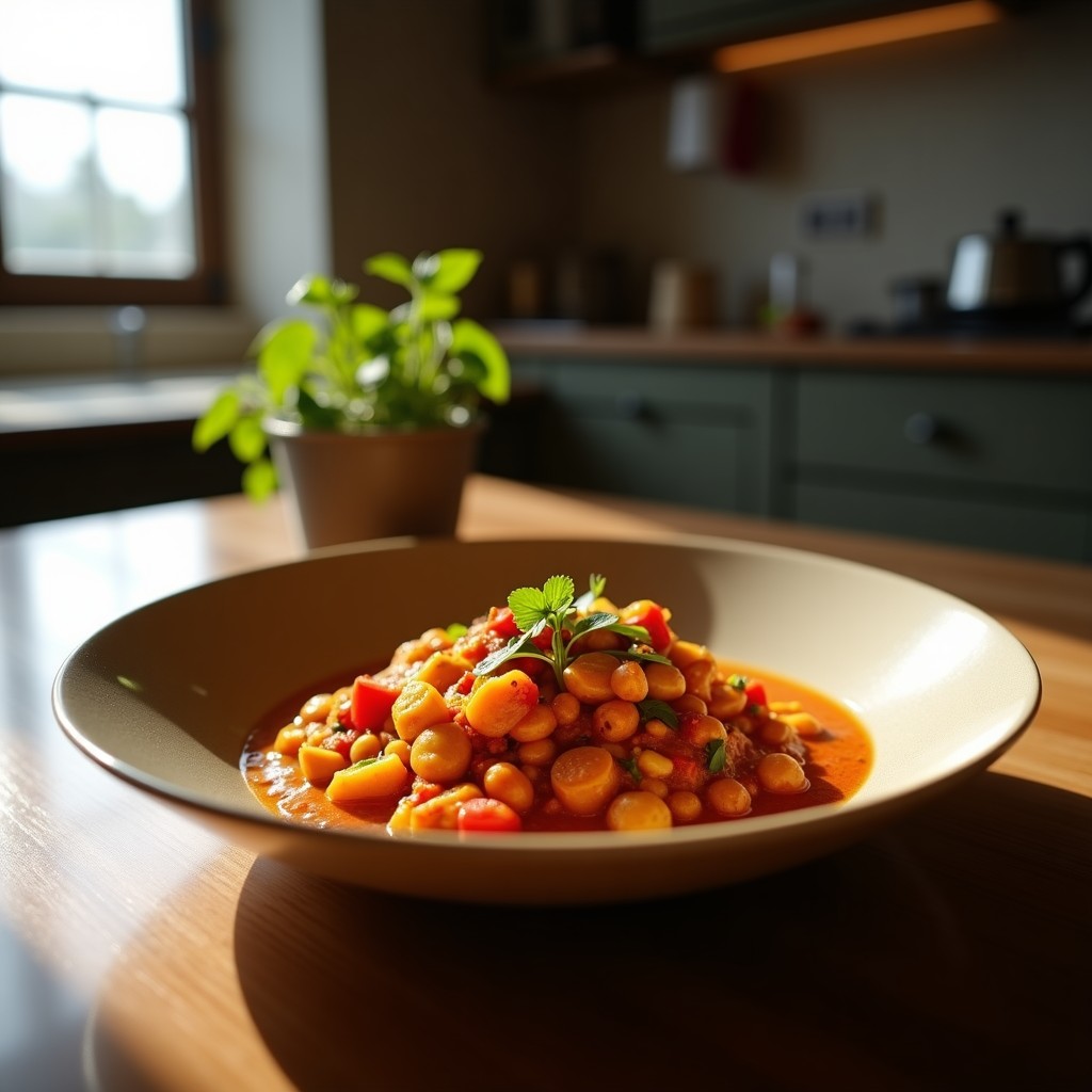 Wok con curry rojo tailandés cremoso, trozos de pollo dorado, nueces de cashew tostadas y hojas de albahaca fresca, servido con arroz jazmín.