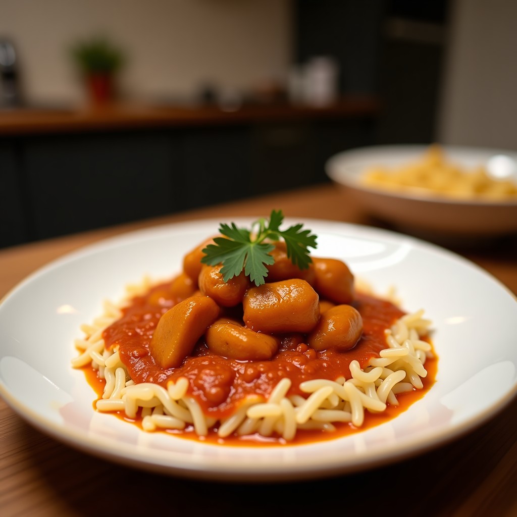 Plato hondo de cerámica blanca con curry rojo tailandés en ollas superpuestas, trozos de pollo, berenjena y pimiento rojo bañados en salsa cremosa, acompañado de arroz jasmín y decorado con hojas de albahaca.