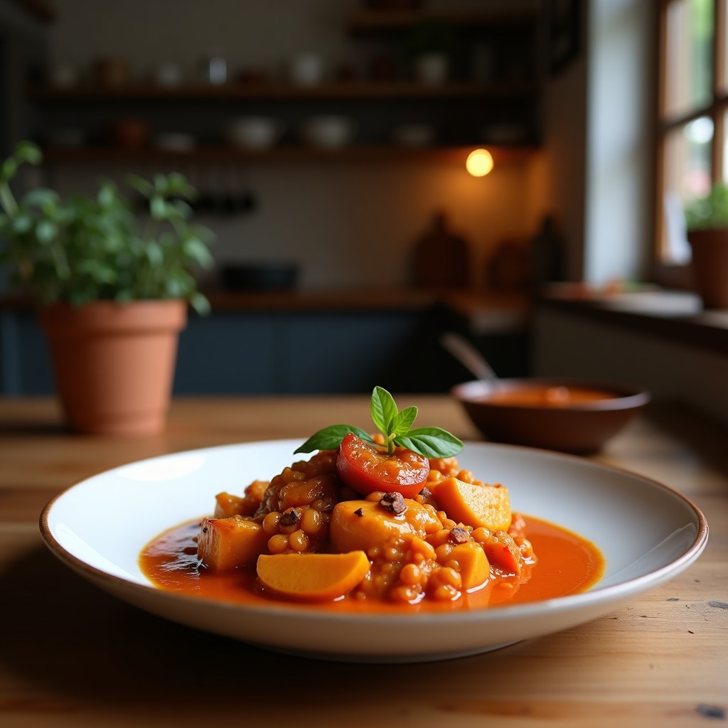 Plato hondo de cerámica negra con curry rojo tailandés cremoso, trozos de pollo, pimiento rojo y albahaca fresca, servido con arroz jazmín.