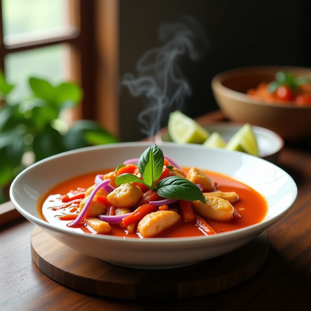 Bol de cerámica blanca con curry rojo tailandés cremoso, pechuga de pollo en tiras, pimiento rojo y cebolla morada, decorado con hojas de albahaca tailandesa y rodajas de limón.
