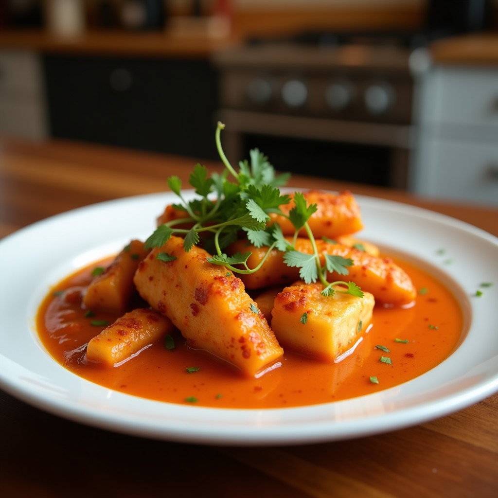 Plato hondo de cerámica negra con curry rojo tailandés cremoso, filetes de merluza blanca, rodajas de calabacín y pimiento rojo, decorado con hojas de albahaca y cilantro fresco.