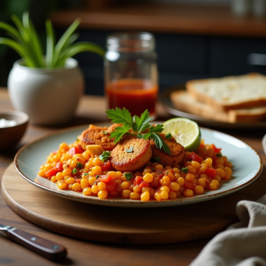 Bol hondo de cerámica negra con curry rojo tailandés cremoso, trozos de polea blanca, pimiento rojo, cebolla morada y cacahuetes picados. Decorado con hojas de albahaca tailandesa fresca y rodajas de limón al lado. Plato servido sobre una mesa de madera con arroz jazmín al fondo.