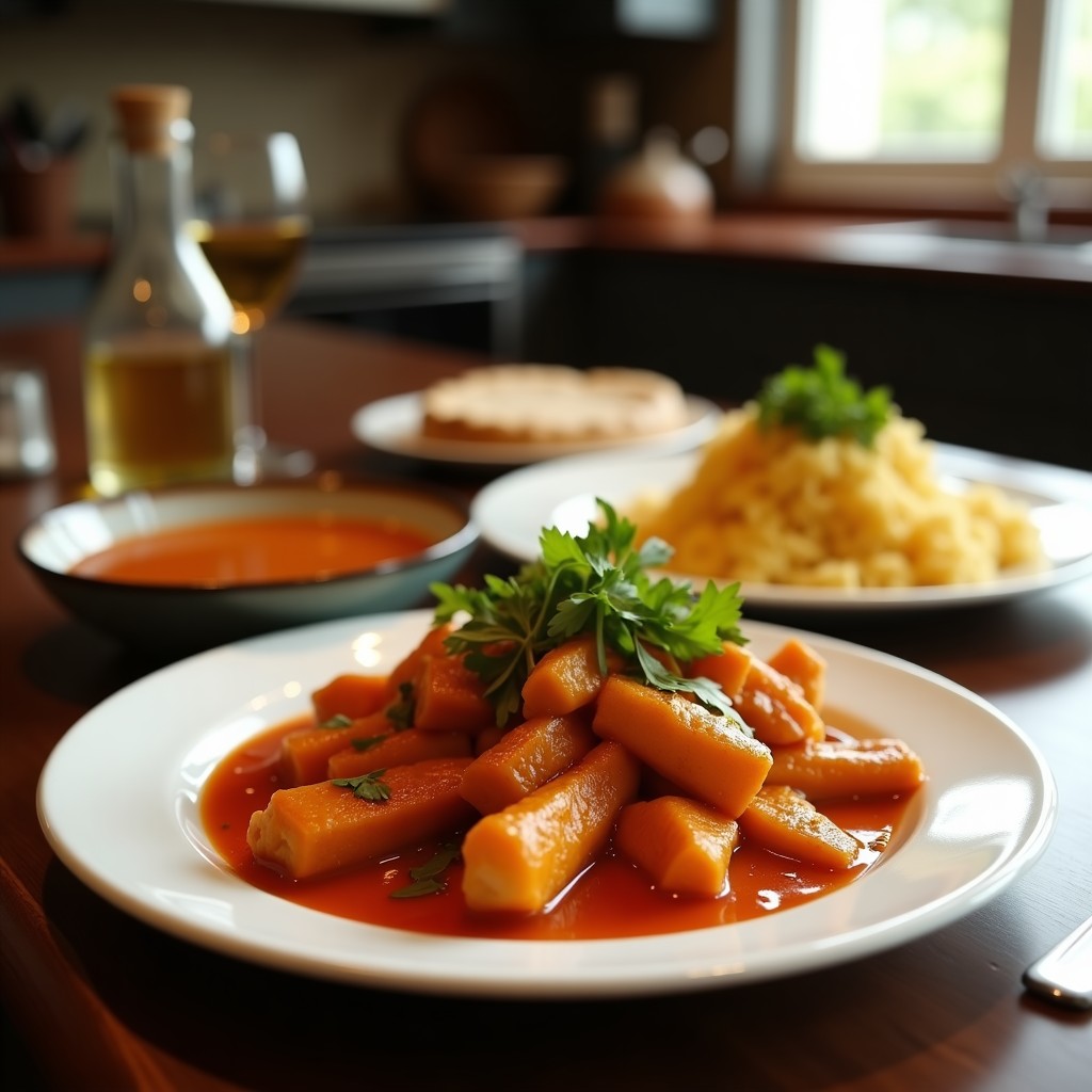 Plato de curry rojo tailandés light con pechuga de pollo, pimiento rojo y bambú en salsa cremosa de leche de coco, decorado con albahaca tailandesa.