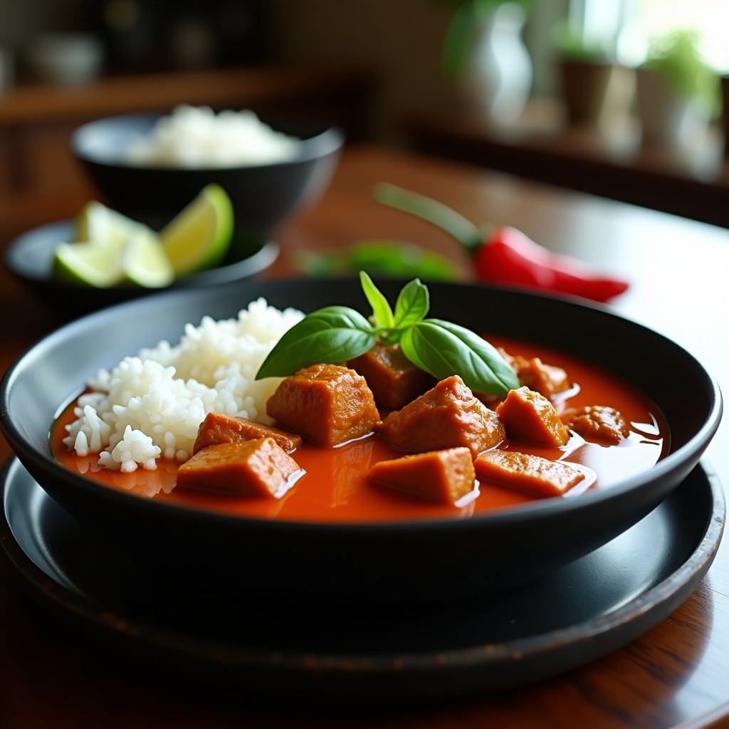 Plato hondo de cerámica negra con curry rojo tailandés con ternera en salsa espesa de leche de coco, decorado con hojas de albahaca y rodajas de limón, servido con arroz basmati blanco.