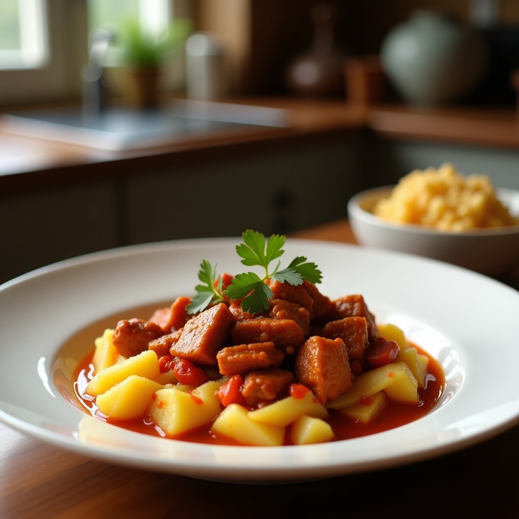 Plato hondo de cerámica blanca con curry rojo tailandés espeso, ternera en trozos, batata dorada y hojas de albahaca fresca, acompañado de arroz jasmin y rodajas de limón.