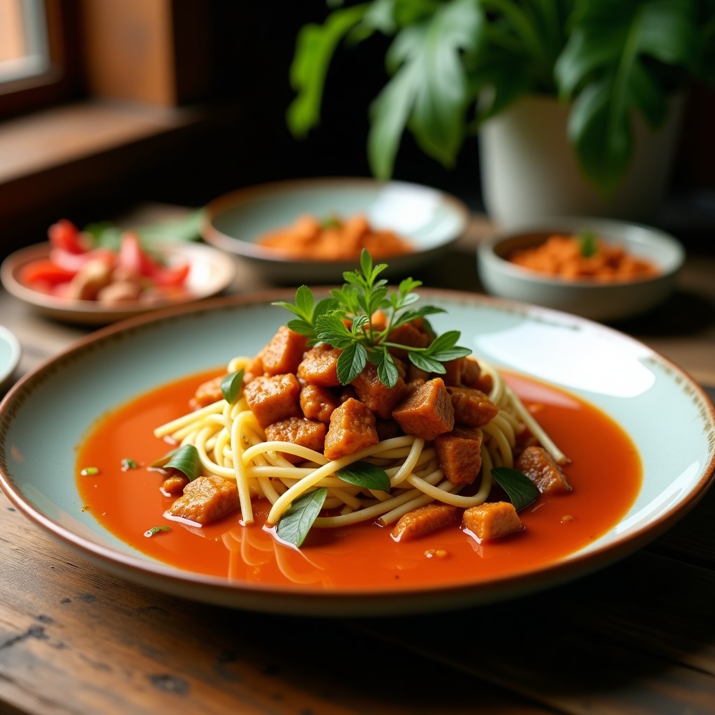 Plato hondo de porcelana blanca con curry rojo tailandés espeso, trozos de ternera dorada, pak choi verde brillante y hojas de albahaca tailandesa. Servido con arroz jazmín y decorado con rodajas de lima.