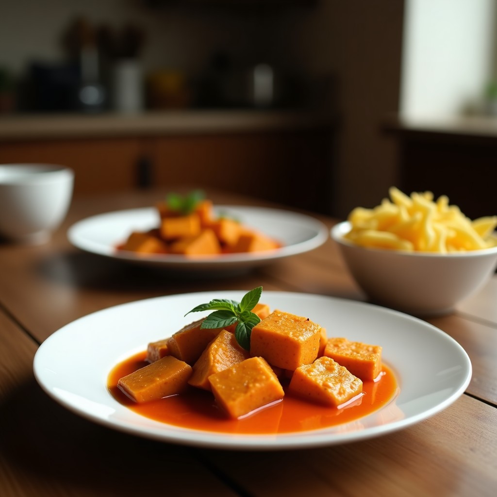 Plato hondo de cerámica negra con curry rojo tailandés cremoso, tofu ahumado dorado, pimientos rojos, zanahorias y albahaca tailandesa, servido con arroz jazmín blanco.