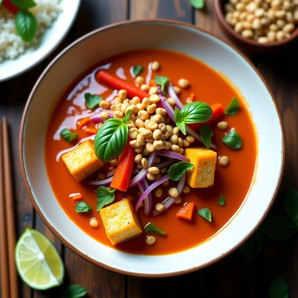 Bol hondo con curry rojo tailandés cremoso, tofu dorado crujiente en cubos, pimientos rojos, zanahoria y cebolla morada, decorado con cacahuetes picados y albahaca tailandesa, servido con una rodaja de limón.