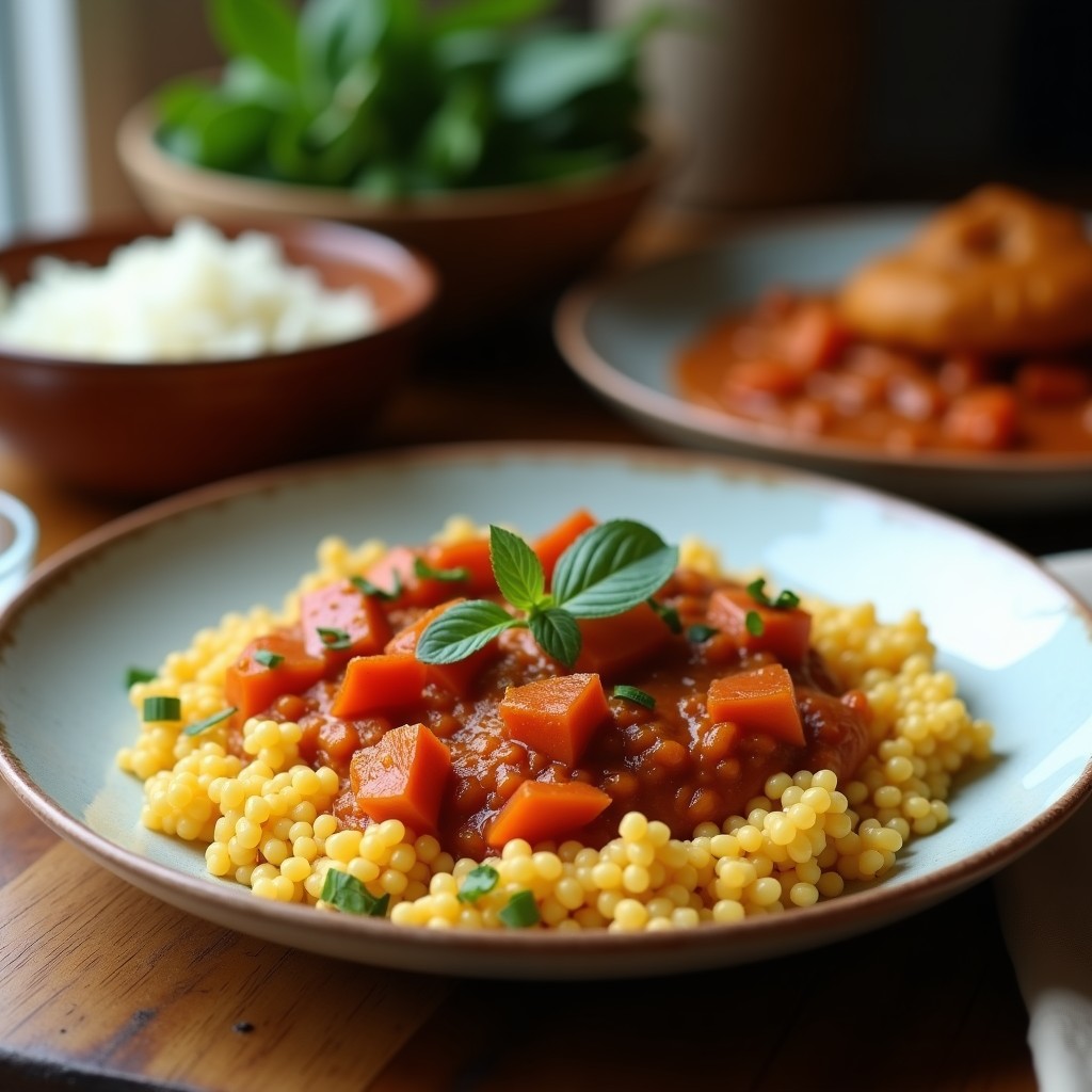 Bol hondo de cerámica negra con curry rojo tailandés vegano en airfryer, tofu dorado, berenjena y pimiento en salsa cremosa, decorado con albahaca tailandesa y brotes de soja.