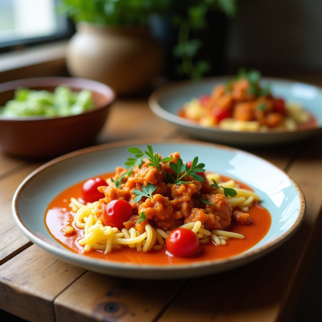 Bol de cerámica blanca con curry rojo tailandés vegano cremoso, tofu sedoso, calabacín y pimiento rojo, decorado con cilantro fresco y rodajas de lima, servido sobre arroz jazmín.