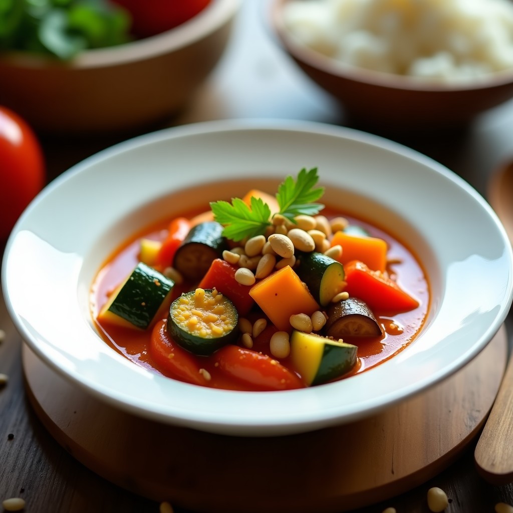 Bol hondo de cerámica blanca con curry rojo tailandés de verduras en airfryer, bañado en salsa cremosa de coco y curry, decorado con cilantro fresco y cacahuetes tostados. Verduras en trozos pequeños y brillantes por la salsa. Fondo de mesa de madera rústica con una cuchara de madera.