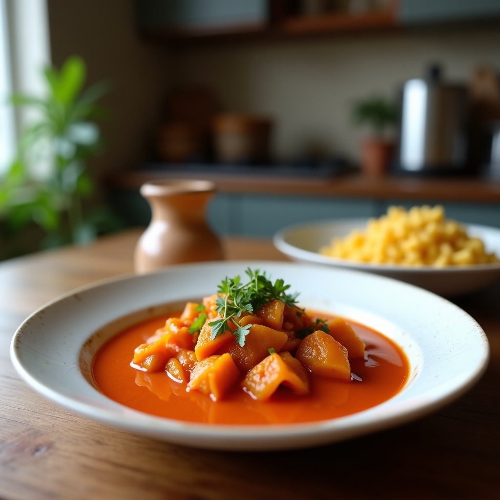 Bowl de cerámica negra con curry rojo tailandés cremoso, trozos de pollo, verniega fresca y albahaca tailandesa, servido con arroz jazmín blanco.