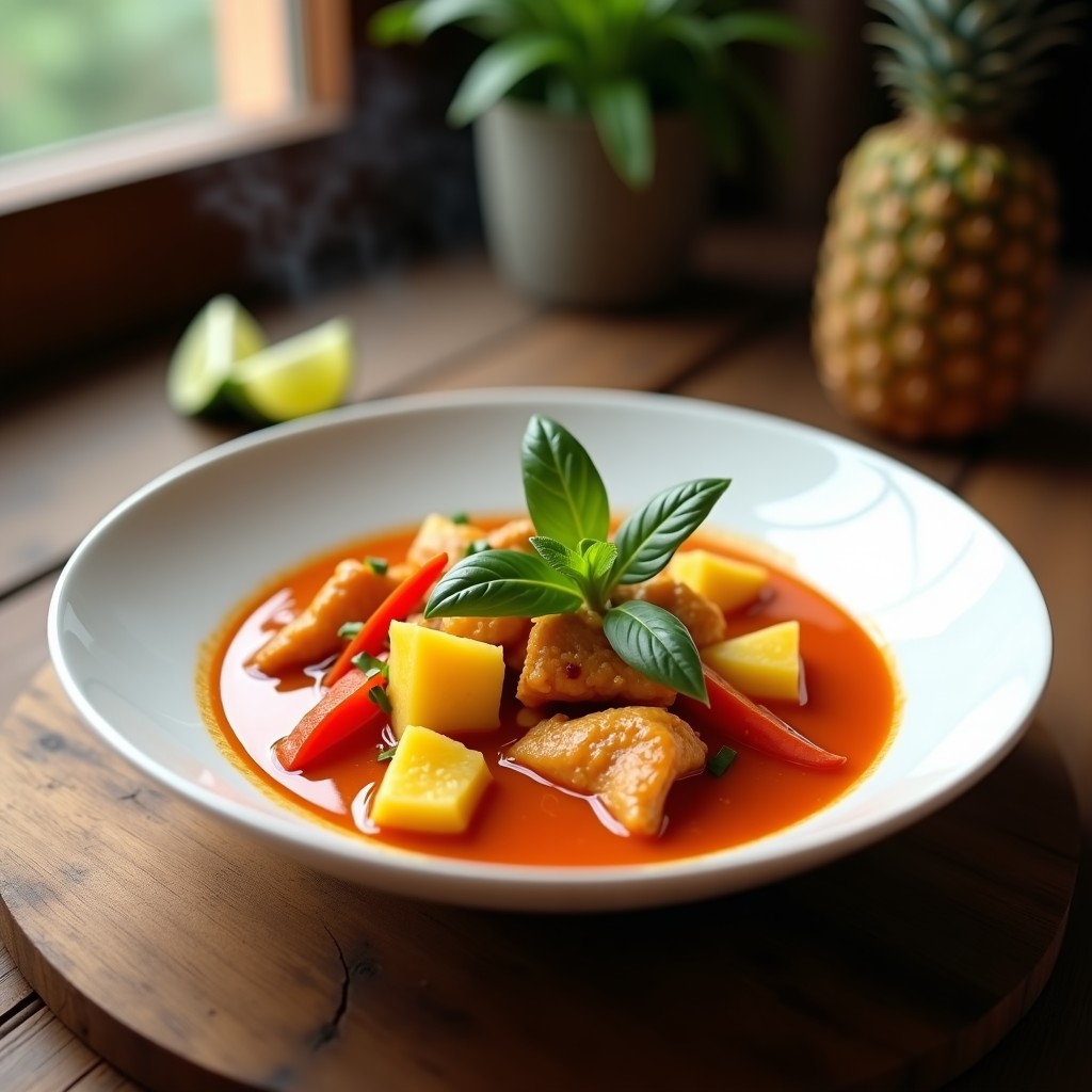 Bowl de porcelana blanca con curry rojo tailandés cremoso, trozos de pollo, piña dorada y pimiento rojo, decorado con hojas de albahaca y rodajas de limón, sobre fondo de madera rústica.