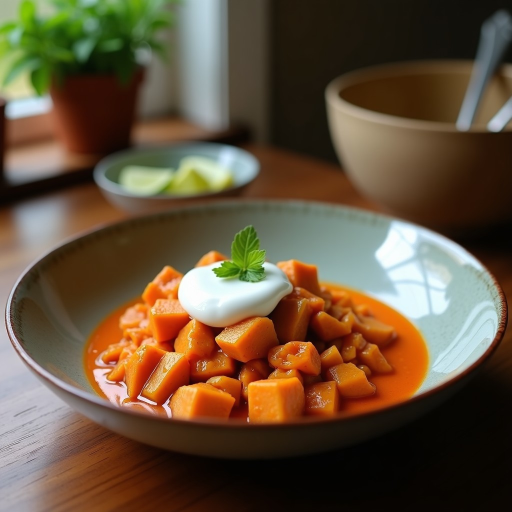Plato hondo de cerámica blanca con curry rojo tailandés cremoso, trozos de pollo, pimientos rojos y decorado con cilantro fresco y rodajas de limón. Receta de curry rojo tailandés con yogur griego.