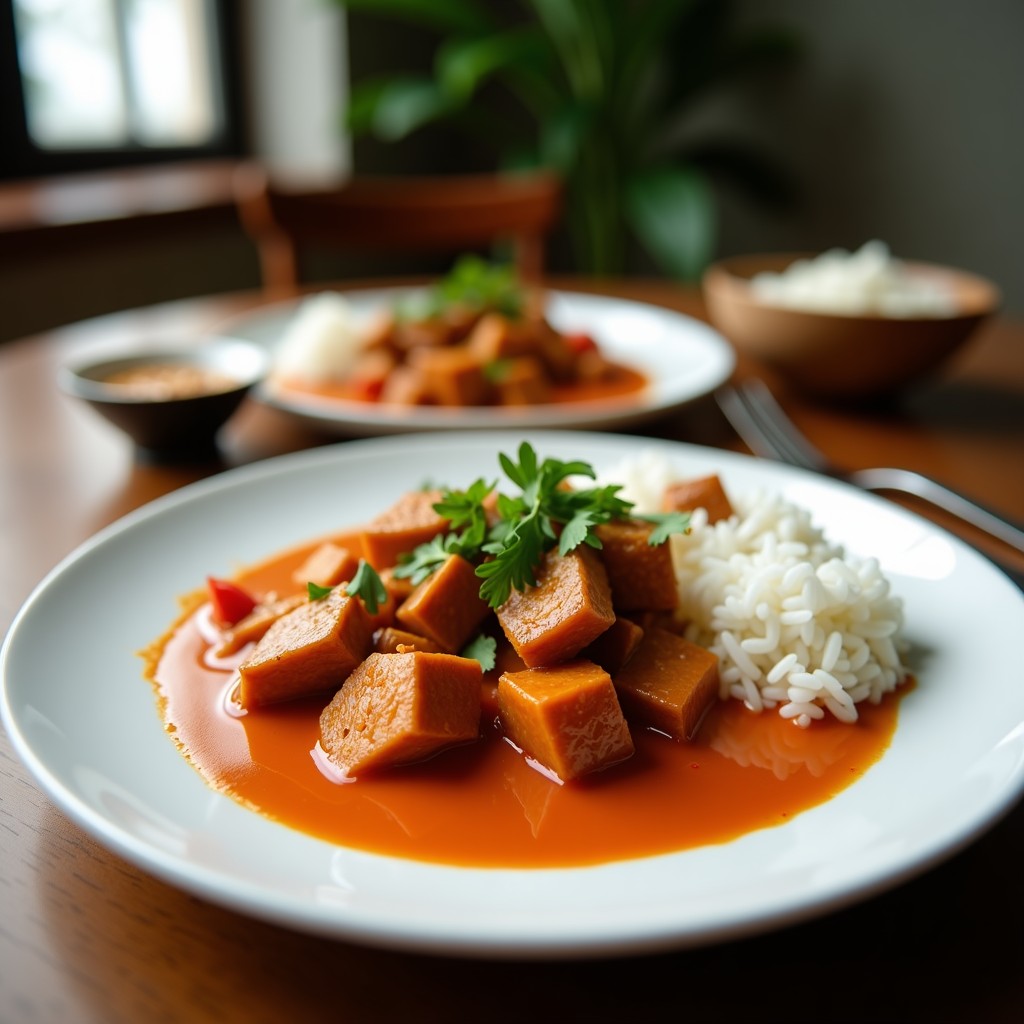 Plato hondo de cerámica negra con curry rojo tailandés de ternera en airfryer, trozos de carne dorada bañados en salsa cremosa de leche de coco, decorado con albahaca fresca y rodajas de limón, acompañado de arroz jazmín.