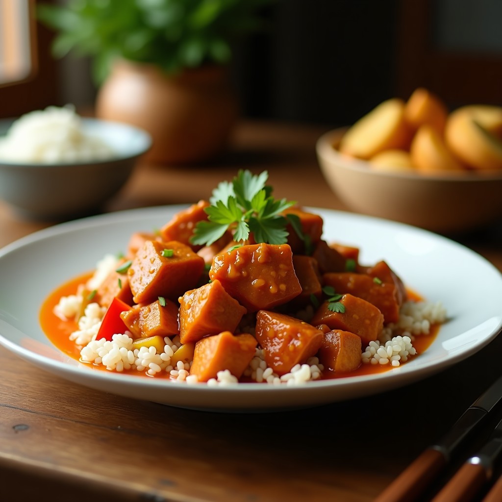Plato de curry rojo tailandés con trozos de ternera tierna, pimiento rojo y cebolla morada, bañado en salsa cremosa de leche de coco y decorado con albahaca fresca. Receta en airfryer.