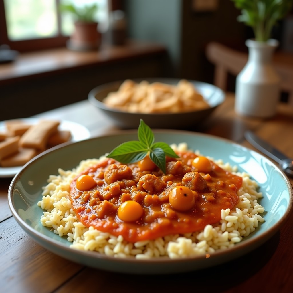 Foto de un curry rojo cremoso de ternera y berenjena con arroz jazmín, lista para servir. Curry rojo tailandés