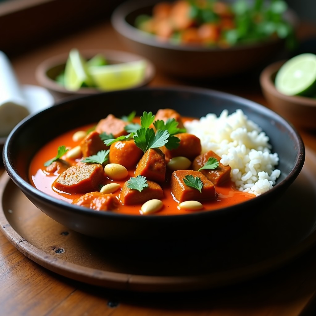 Plato hondo de cerámica negra con curry rojo de ternera en salsa cremosa, trozos de carne tierna, cacahuetes espolvoreados y cilantro fresco. Acompañado de arroz basmati blanco.
