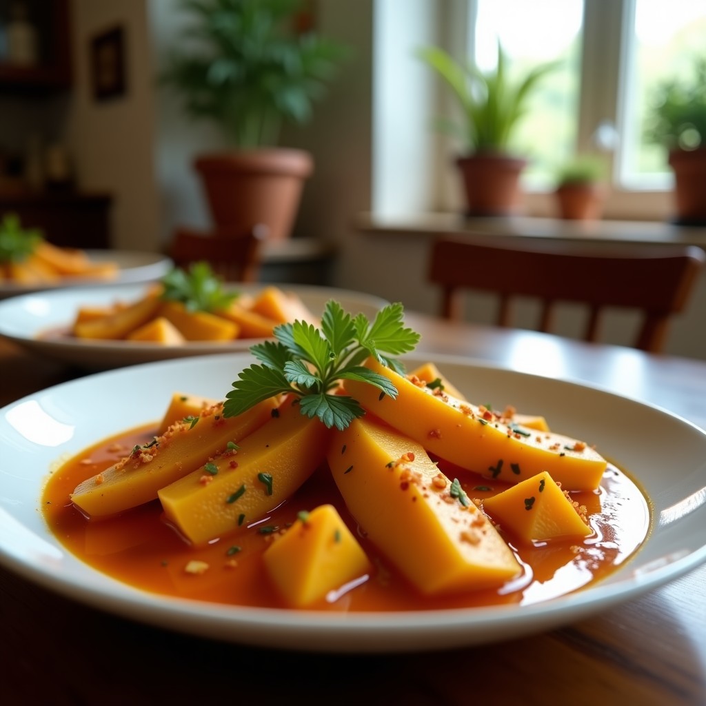 Foto de un curry rojo cremoso de ternera y calabaza tailandés, servido en un plato con arroz y decorado con hojas de lima kaffir y albahaca tailandesa