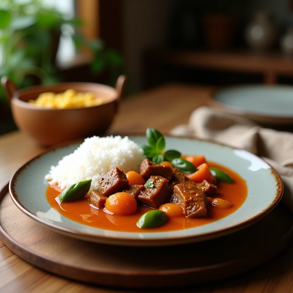 Plato hondo de barro con curry rojo tailandés de ternera y leche de coco, decorado con hojas de albahaca tailandesa y rodajas de lima, servido con arroz jazmín.