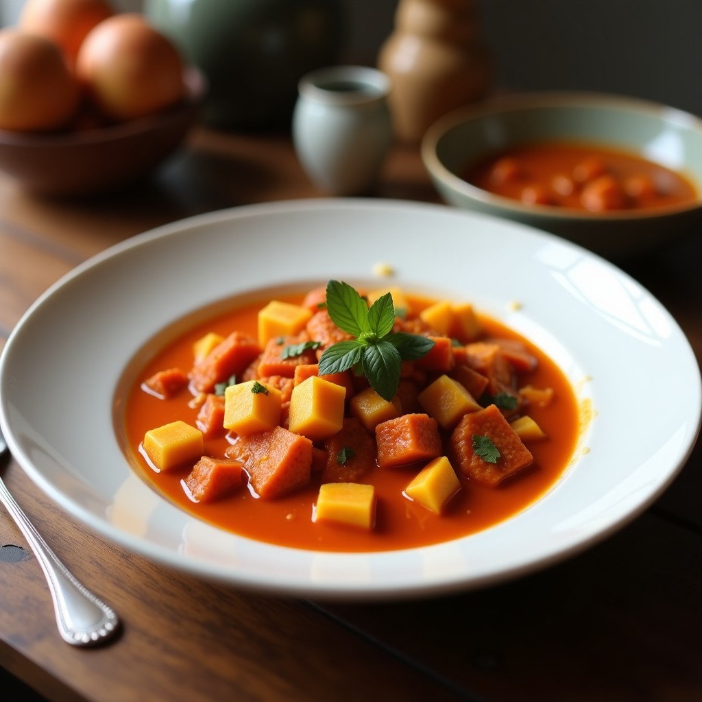 Plato hondo de cerámica negra con curry rojo tailandés de ternera, trozos jugosos de carne bañados en salsa cremosa de coco y especias, decorado con hojas de albahaca tailandesa y rodajas de lima.
