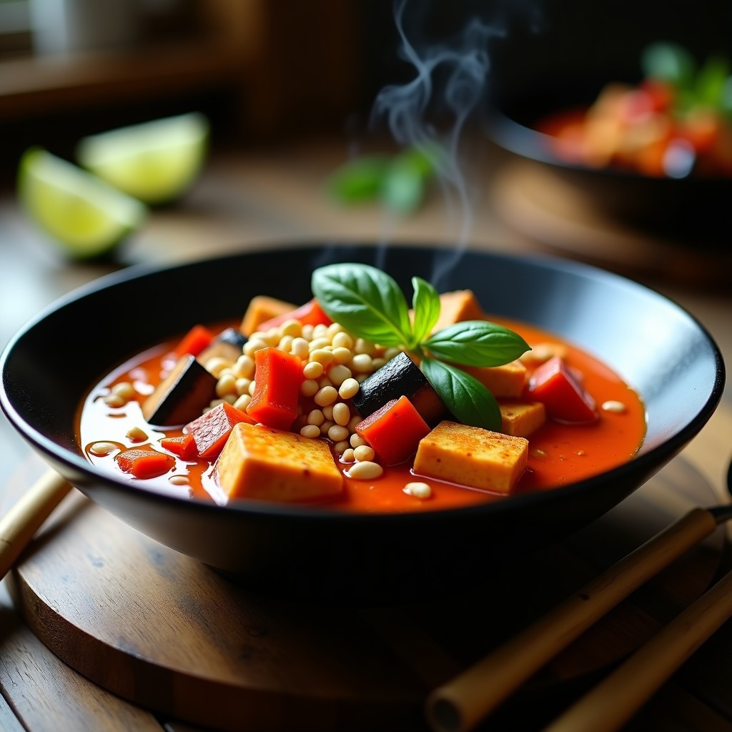 Cuenco hondo de cerámica negra con curry rojo vegano en Thermomix, tofu dorado, berenjena y pimiento, decorado con cacahuetes y albahaca tailandesa sobre fondo de madera rústica.