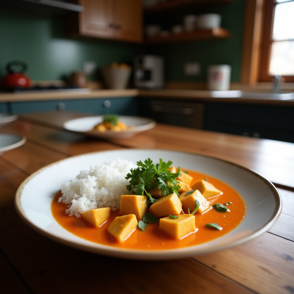 Bowl de cerámica negra con curry rojo tailandés cremoso, tofu dorado, rodajas de pimiento rojo y cebolla morada, decorado con hojas de albahaca fresca y un chorrito de leche de coco. Plato colorido y apetecible sobre fondo de madera oscura.