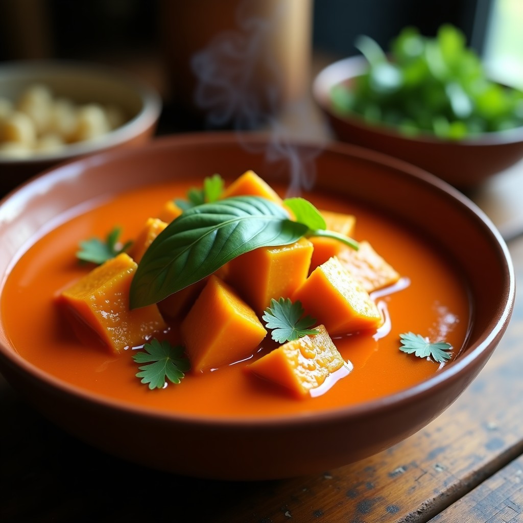 Plato hondo de barro con curry rojo vegano de calabaza y tofu, bañado en salsa cremosa de leche de coco y decorado con hojas de cilantro y albahaca tailandesa sobre fondo rústico.