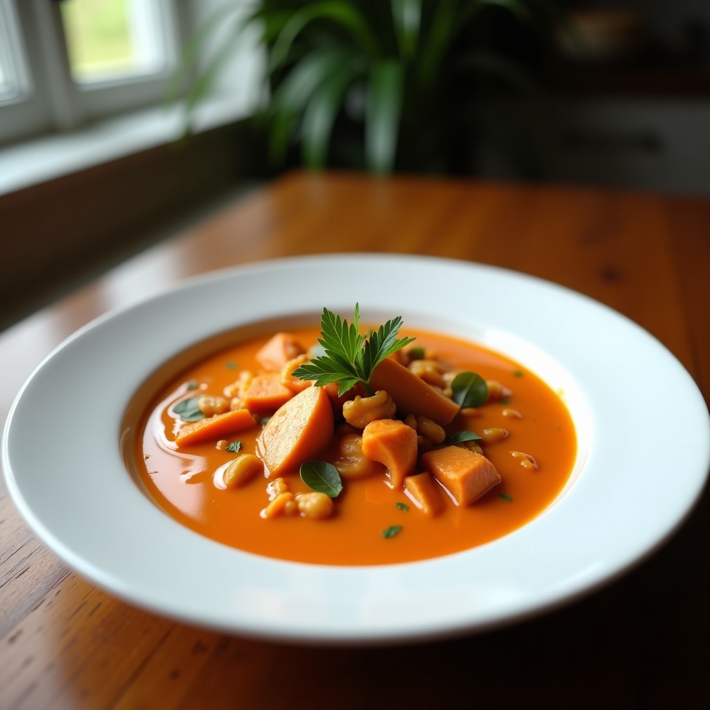 Bol hondo negro con curry rojo vegano cremoso, tofu dorado, pimiento rojo y germinados de soja, bañado con leche de tigre cítrica y decorado con cilantro fresco.