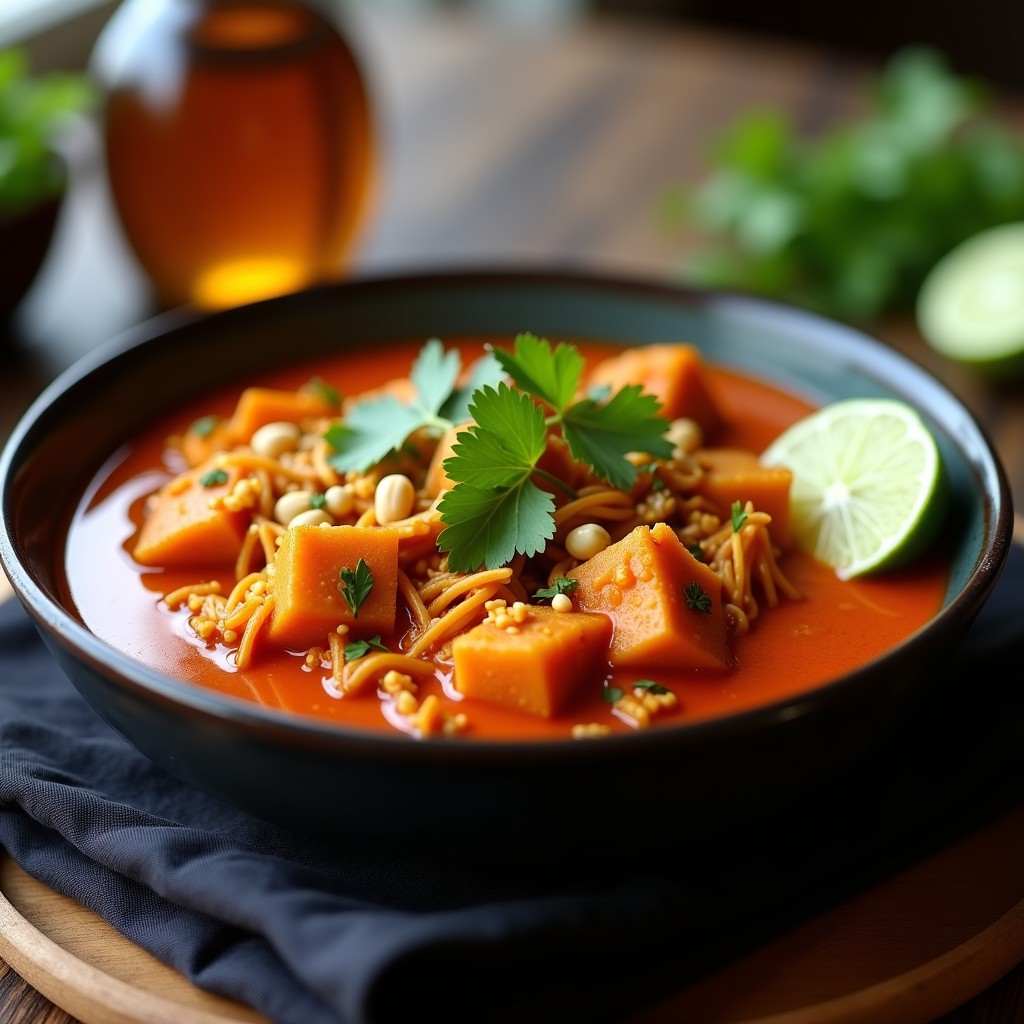 Plato de curry rojo vegano con jackfruit desmenuzada en salsa cremosa de leche de coco, decorado con cilantro fresco y cacahuetes tostados, servido en bowl de cerámica negra.