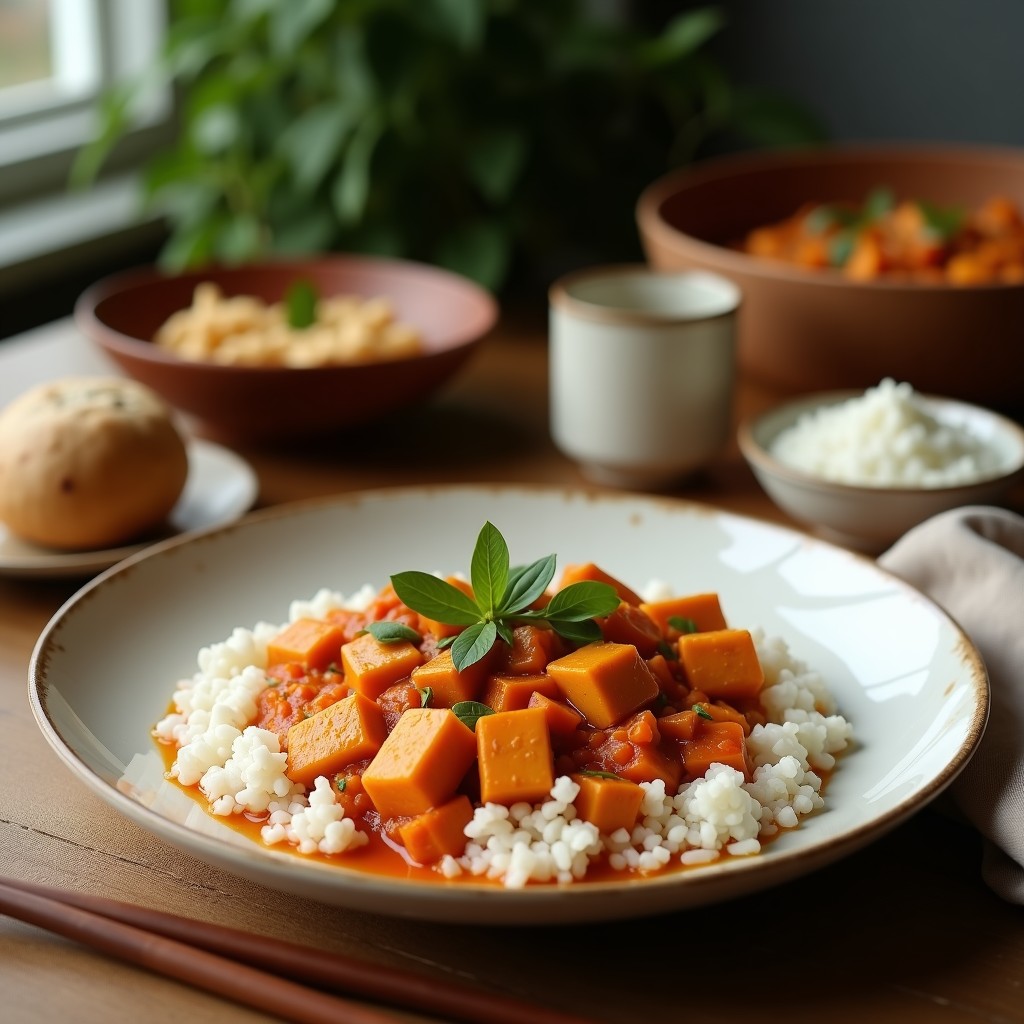 Bol hondo de cerámica blanca con curry rojo vegano, tofu dorado, pimientos rojos y albahaca tailandesa, servido con arroz jazmín y rodaja de limón.