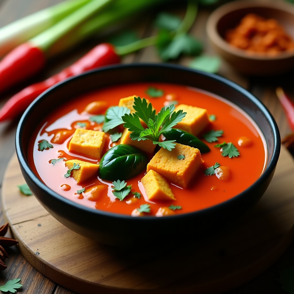 Plato hondo de cerámica negra con curry rojo vegano cremoso, tofu dorado, espinacas frescas y cilantro. Receta en airfryer con fondo de especias tailandesas.