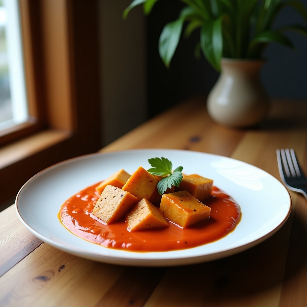 Plato hondo de cerámica blanca con curry rojo vegano, tofu dorado, lechuga morada vibrante y salsa cremosa de leche de coco, decorado con cilantro fresco y maní tostado.