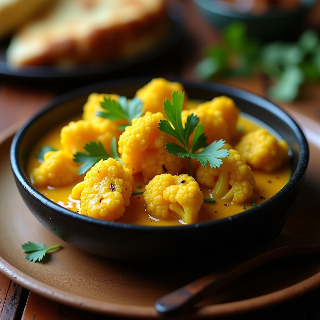 Plato hondo de cerámica negra con curry de coliflor rostizada dorada, bañada en salsa cremosa de color amarillo dorado con especias indias, decorado con cilantro fresco y servido con una cuchara de madera.