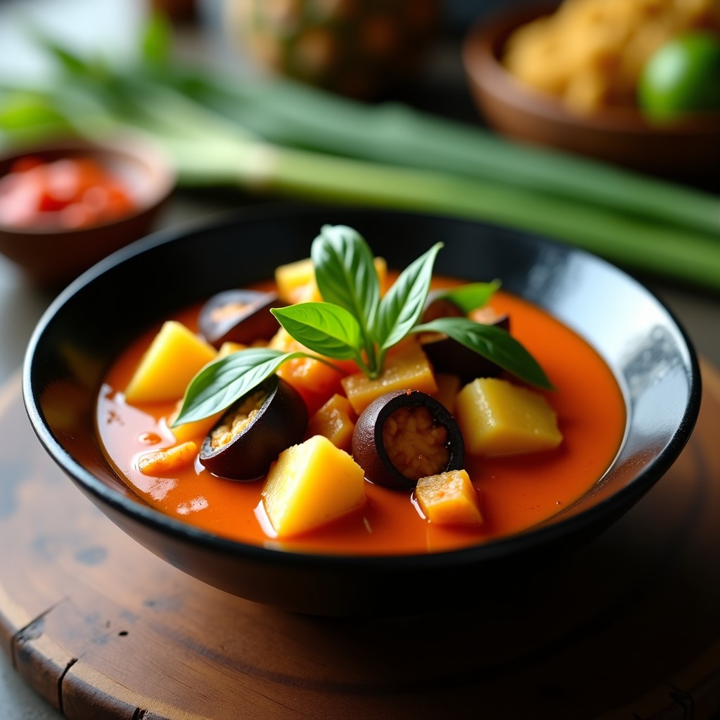 Plato hondo de cerámica negra con curry tailandés cremoso de color naranja intenso, trozos de pollo, piña dorada y vernizuela morada, decorado con hojas de albahaca tailandesa sobre fondo rústico de madera.