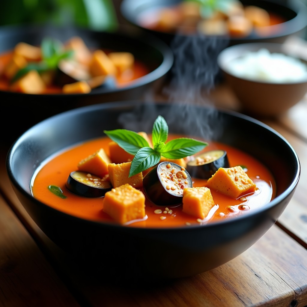 Plato hondo de cerámica negra con curry tailandés de berenjena y tofu en airfryer, bañado en salsa de curry rojo y leche de coco, decorado con albahaca tailandesa y semillas de sésamo.