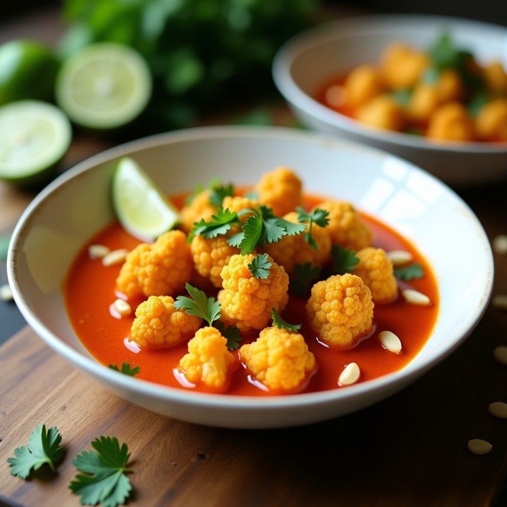 Plato hondo de cerámica blanca con curry thai de coliflor dorada en airfryer, bañada en salsa de curry rojo y leche de coco, decorada con cilantro, hierba limón y cacahuetes tostados.