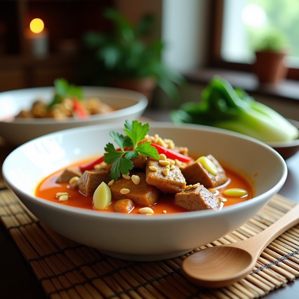Plato de curry thai de ternera y pak choi en cuenco de cerámica blanca, con salsa de leche de coco y curry rojo, espolvoreado con cacahuetes y cilantro fresco, servido sobre mantel de bambú.