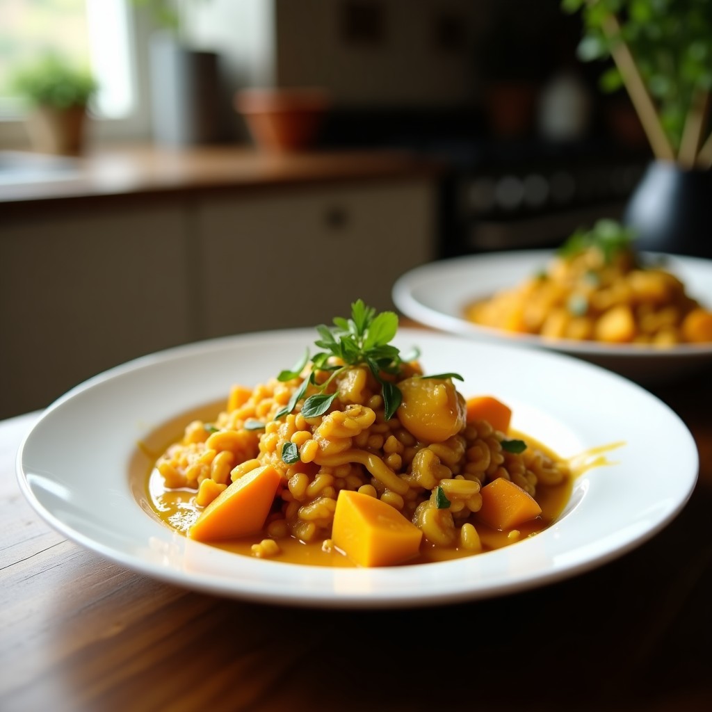 Wok negro con curry tailandés cremoso de color rojo anaranjado, lleno de tiras de verniega dorada, cubos de queso panela blanco y hojas verdes de albahaca tailandesa. Plato servido sobre arroz jazmín blanco, decorado con cacahuetes tostados y rodajas de lima.