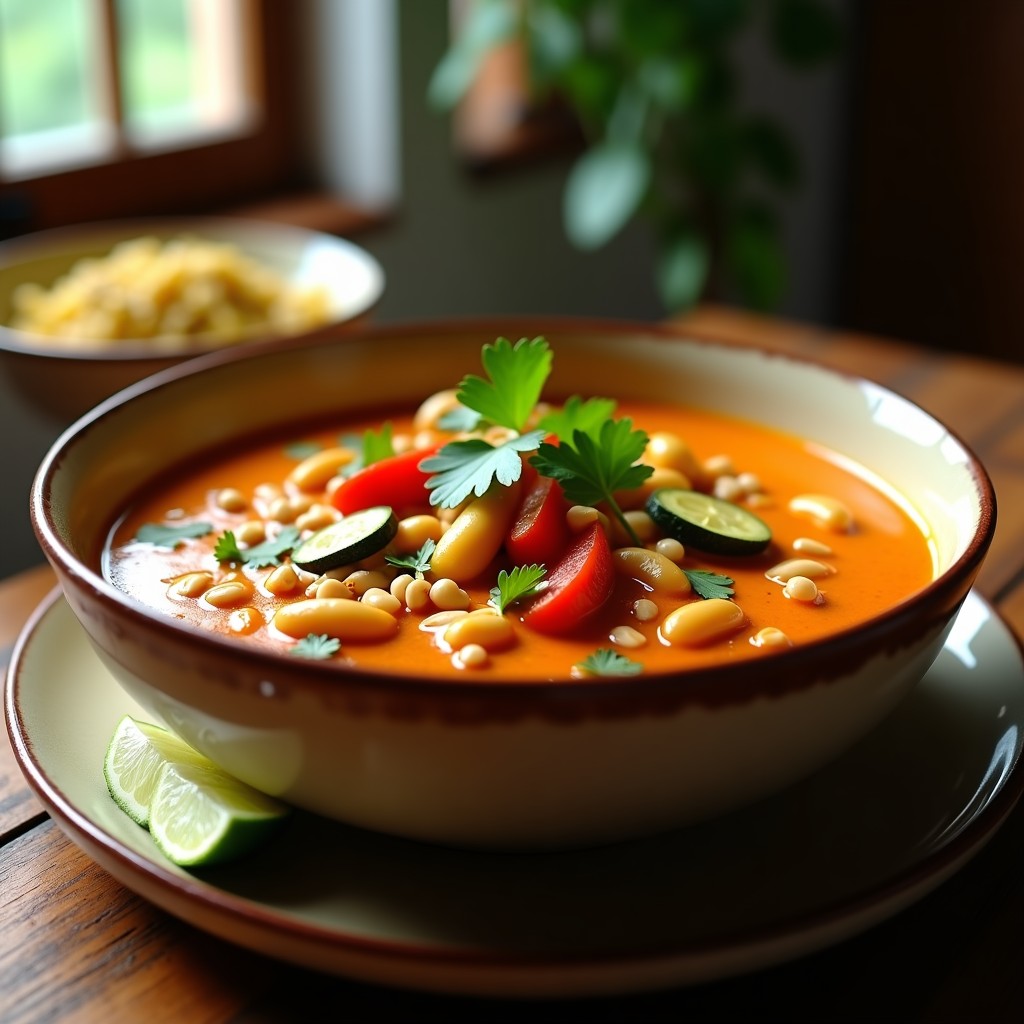 Bol hondo de cerámica con curry thai de verniegas en airfryer, decorado con cilantro fresco y cacahuetes, sobre fondo de madera rústica.