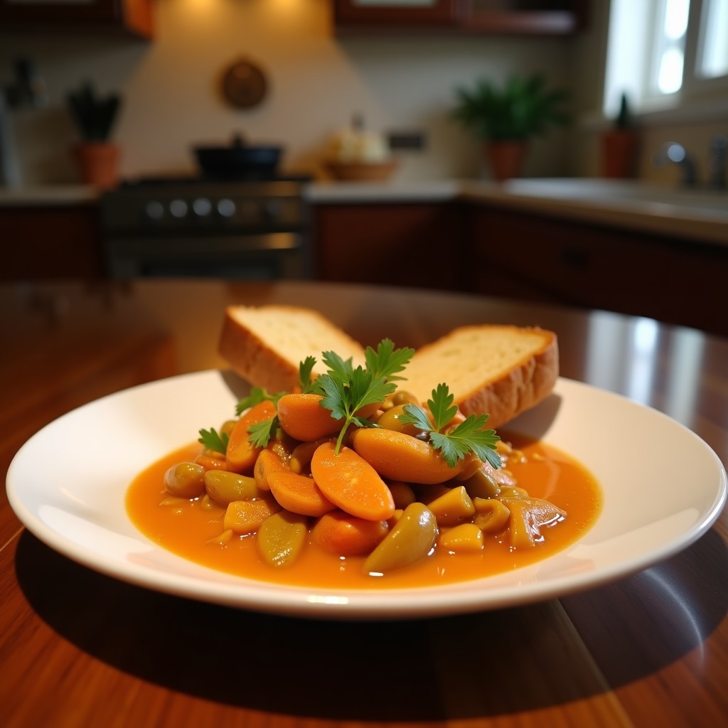 Bol hondo negro con curry thai de verniegas en salsa de coco y lemongrass, acompañado de pan toast dorado crujiente y cilantro fresco, sobre fondo rústico de madera.