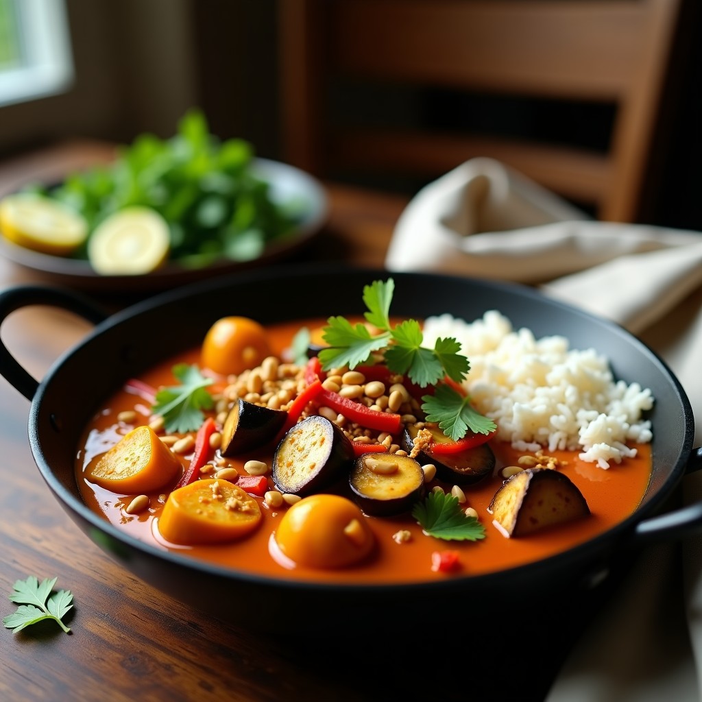 Wok negro con curry thai de berenjenas y salsa de cacahuete, decorado con cilantro fresco y cacahuetes tostados, servido con arroz basmati. Plato vegano y cremoso.