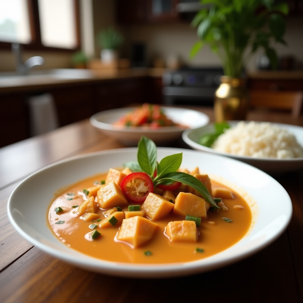 Plato hondo de cerámica blanca con curry thai de verniz de coco, pollo dorado, pimientos rojos y calabacín, decorado con albahaca tailandesa y maní tostado, servido sobre una mesa de madera con arroz jazmín al lado.
