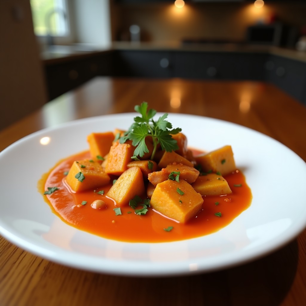 Cuenco hondo de cerámica negra con Curry Thai con Verniz Rojo, pollo en trozos, pimiento rojo, zanahoria y albahaca tailandesa, decorado con cacahuetes tostados. Plato humeante sobre fondo de madera rústica.