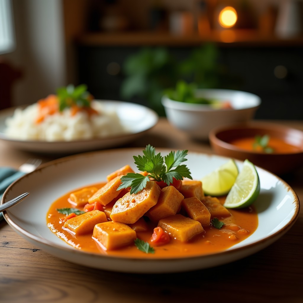 Wok negro con curry thai de verniza y piña pequeña, bañado en salsa de leche de coco y curry rojo, decorado con albahaca tailandesa y rodajas de piña fresca.