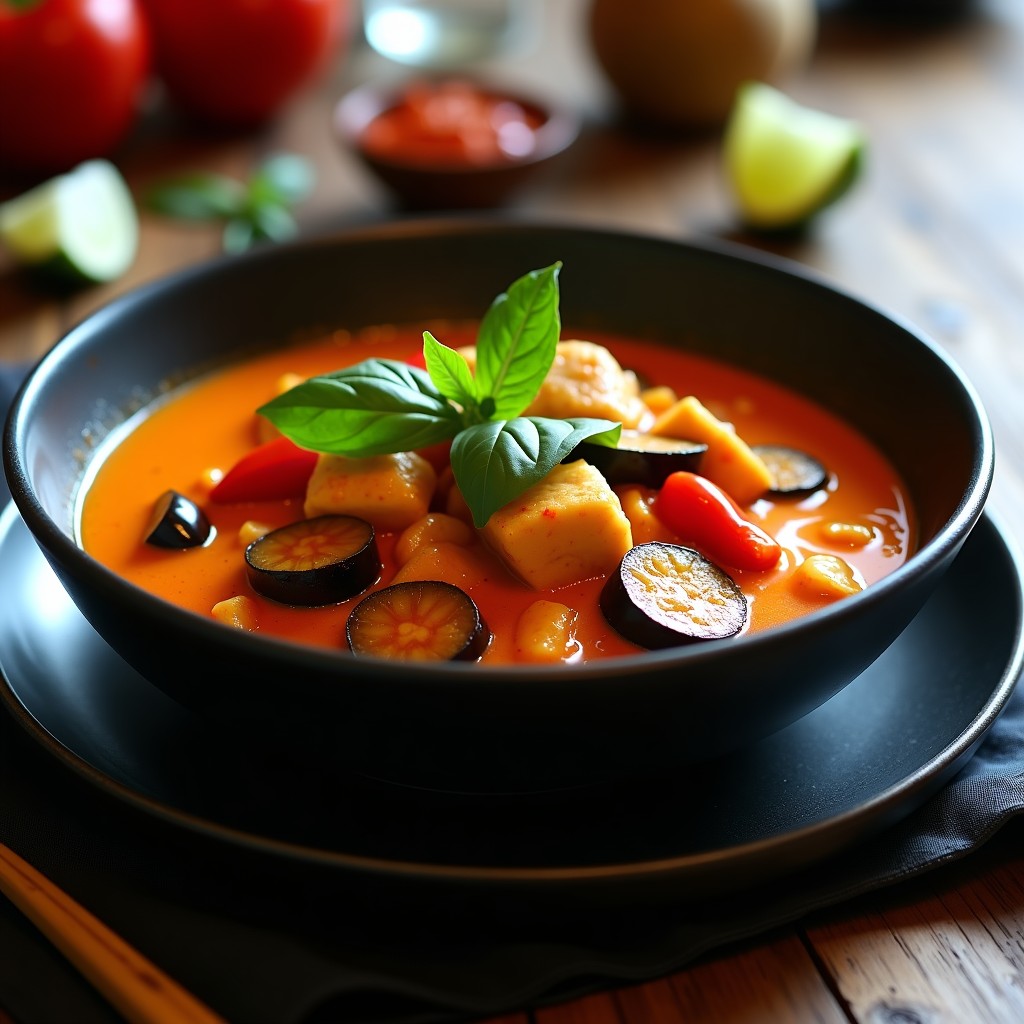 Bol hondo de cerámica negra con curry thai de verniza roja espeso, trozos de pollo, berenjena y pimiento rojo bañados en salsa cremosa de coco, decorado con hojas de albahaca tailandesa y rodajas de limón.