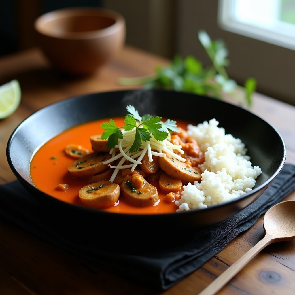 Plato hondo de cerámica negra con curry thai de verniza vegano, salsa cremosa de color naranja intenso, trozos de verniza dorada, brotes de soja y cilantro fresco. Acompañado de arroz basmati blanco.