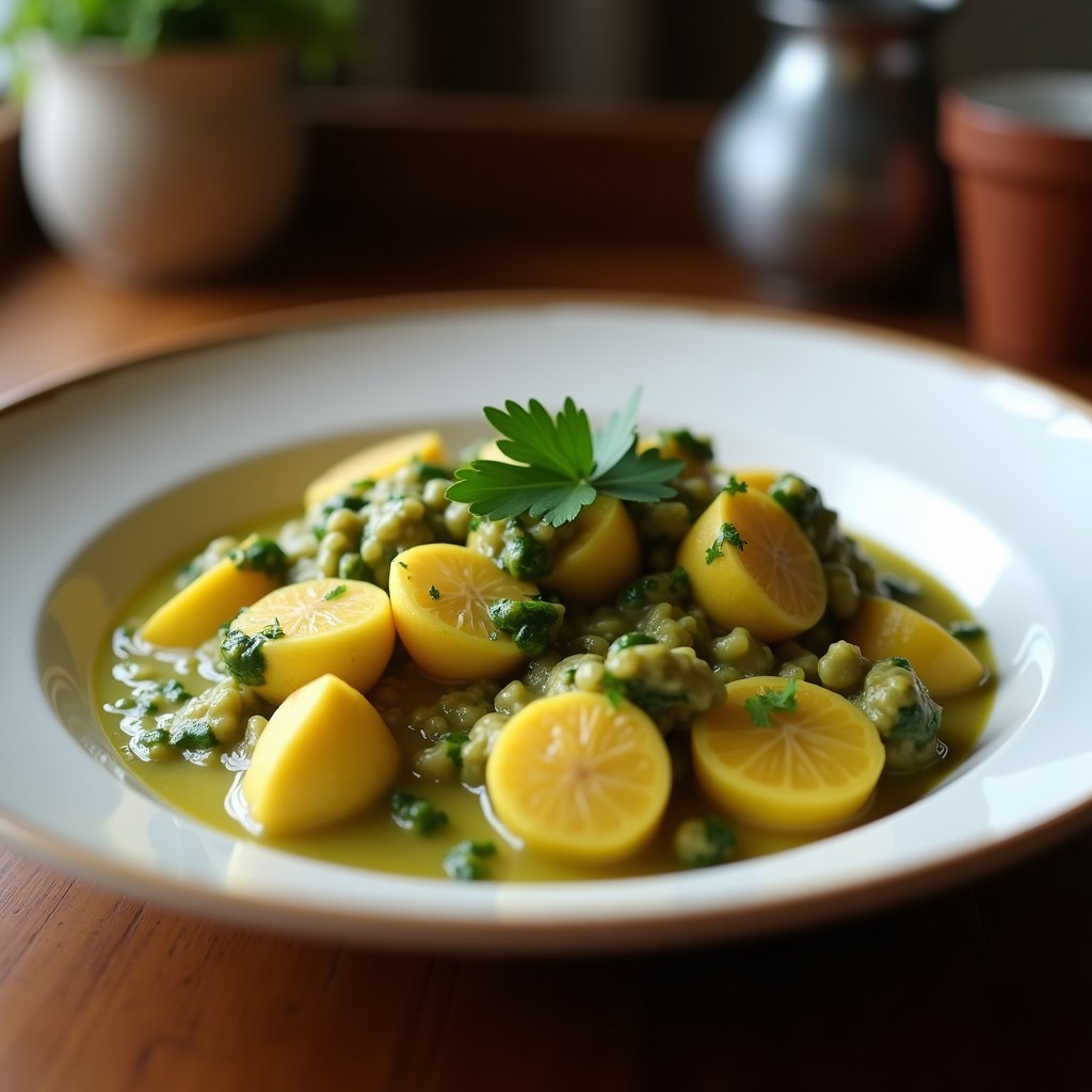 Plato hondo de cerámica negra con curry verde tailandés de caldillo de costilla y espinacas, servido con arroz jazmín y decorado con cilantro fresco. El caldo es espeso, de color verde intenso, con trozos de carne de costilla desmenuzada y espinacas vibrantes. Al fondo, una cuchara de madera y hojas de limón kaffir.