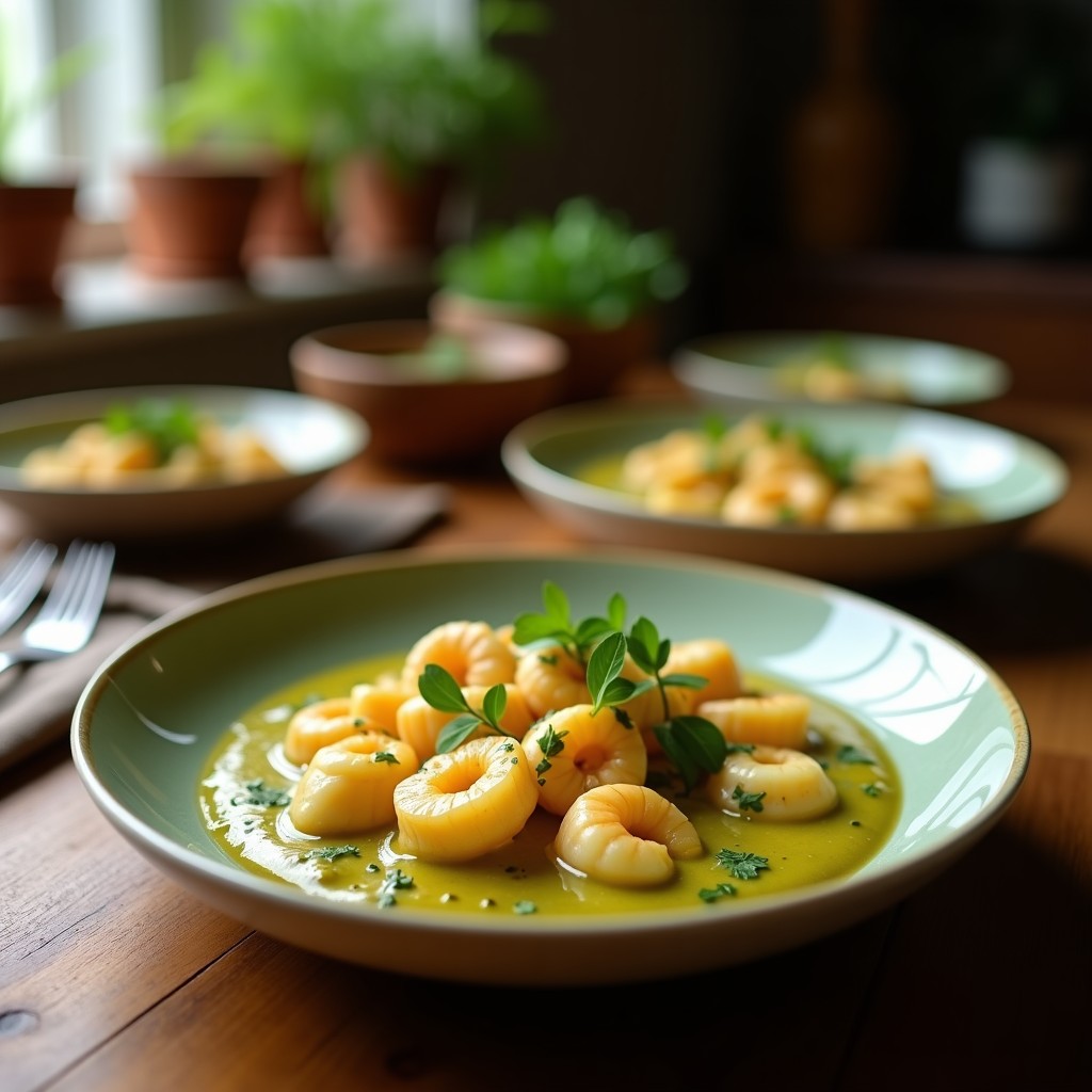 Foto de un curry verde cremoso con camarones y brotes de bambú en un plato de arroz jazmín, con ingredientes frescos alrededor
